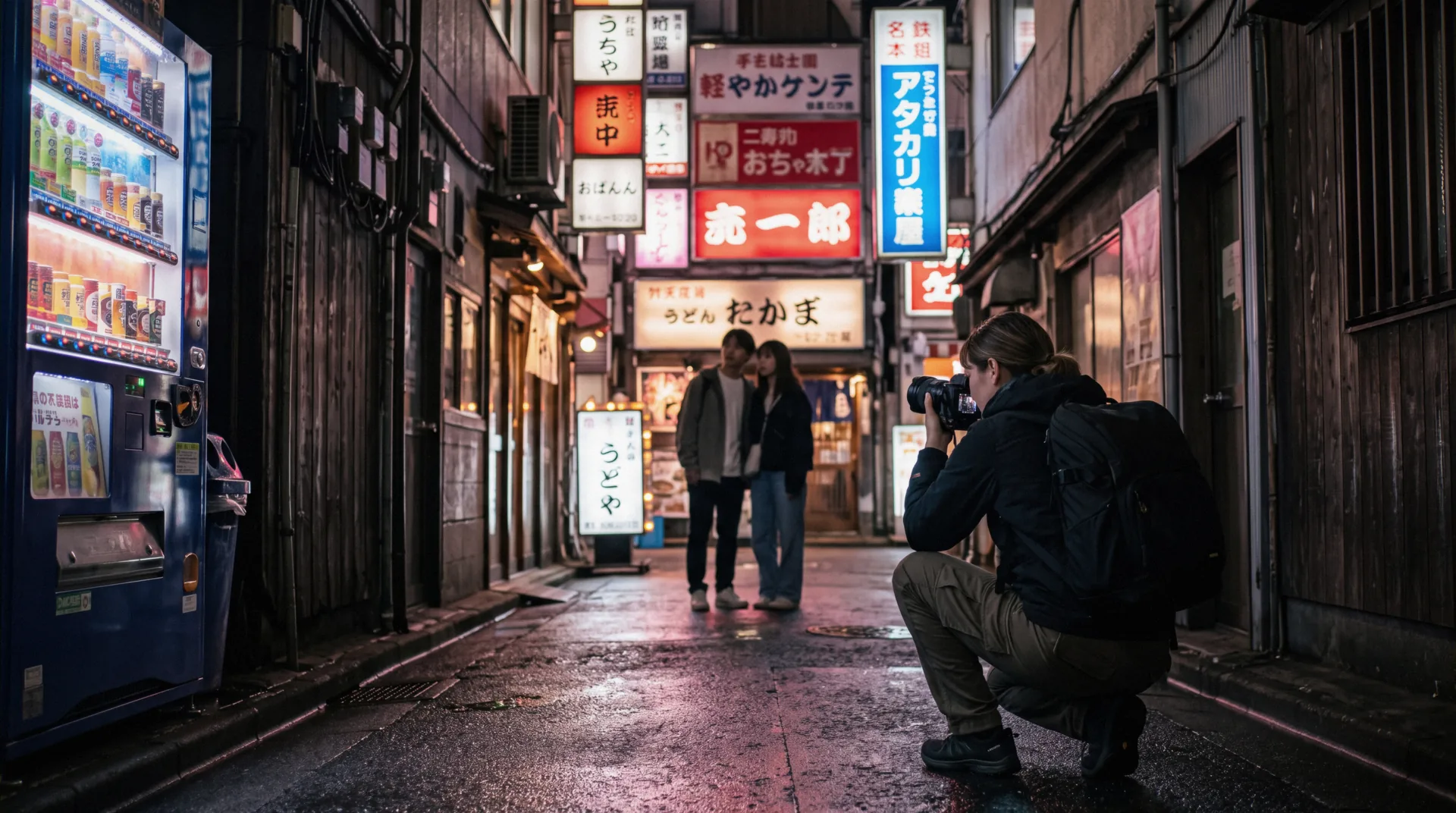 Photographer directing a couple in a neon Shibuya backstreet, showing what to expect on a Tokyo photoshoot