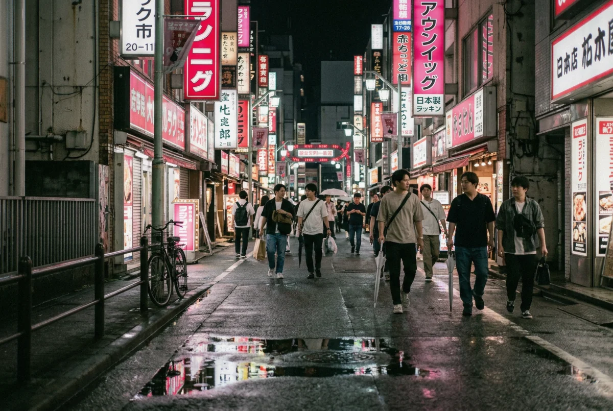 Kabukicho signage stacked along a wet Shinjuku street, the main backdrop for a Tokyo night photoshoot