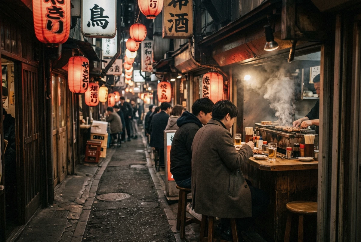 Lantern-lit yakitori alley in Shinjuku with grill smoke drifting through the light, a stop on this Tokyo cyberpunk photoshoot