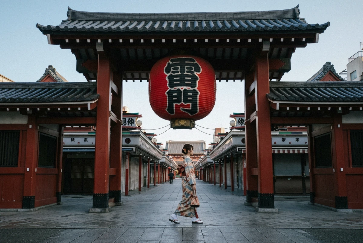 Kaminarimon gate and its lantern in early light, the opening stop of this kimono photoshoot Tokyo walking route