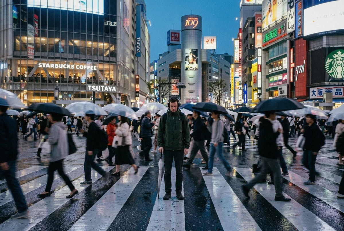 Crowds crossing the Shibuya Scramble at dusk, where this Tokyo portrait photographer session picks up