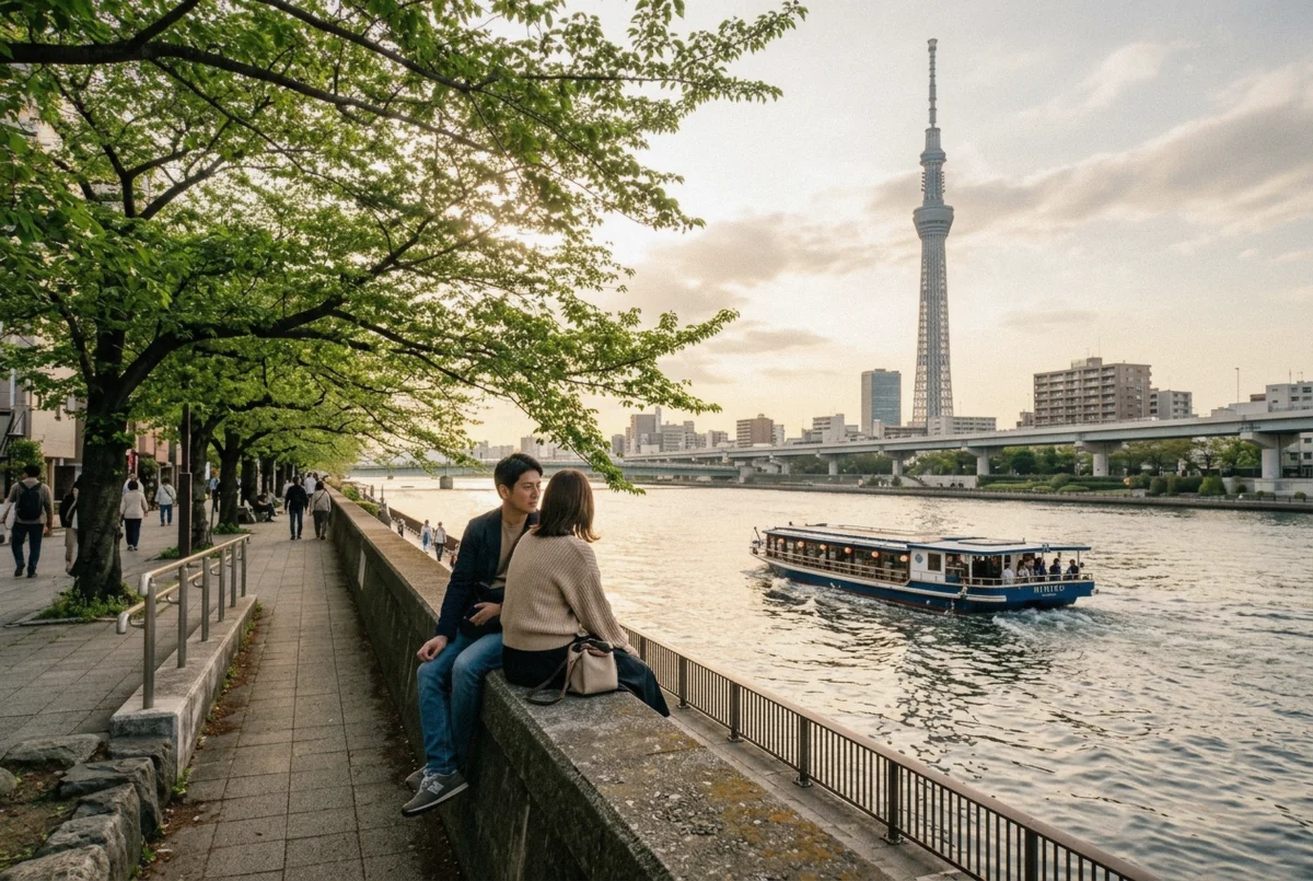 The Sumida River path and skyline at Sumida Park, included on the longer packages of this Asakusa photoshoot