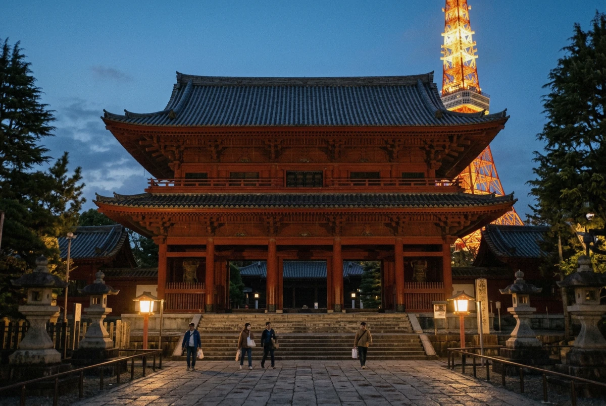 Tokyo Tower behind the Zojoji temple gate at dusk, the setting for one of the cheaper Tokyo photoshoot sessions